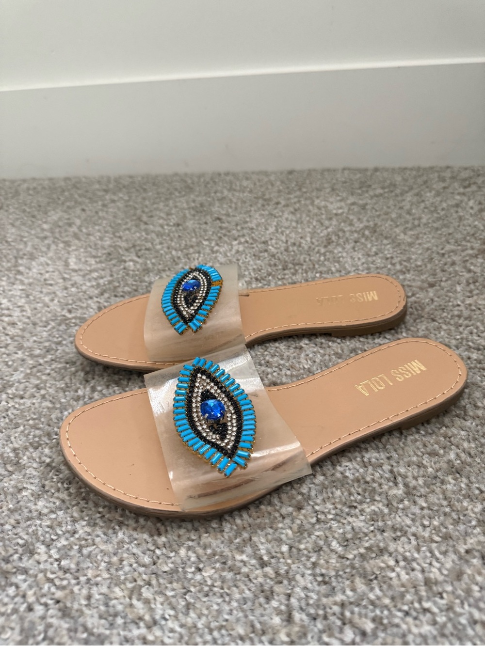 Miss Lola Tan Slide Sandals with Turquoise and Blue Bead Medallions